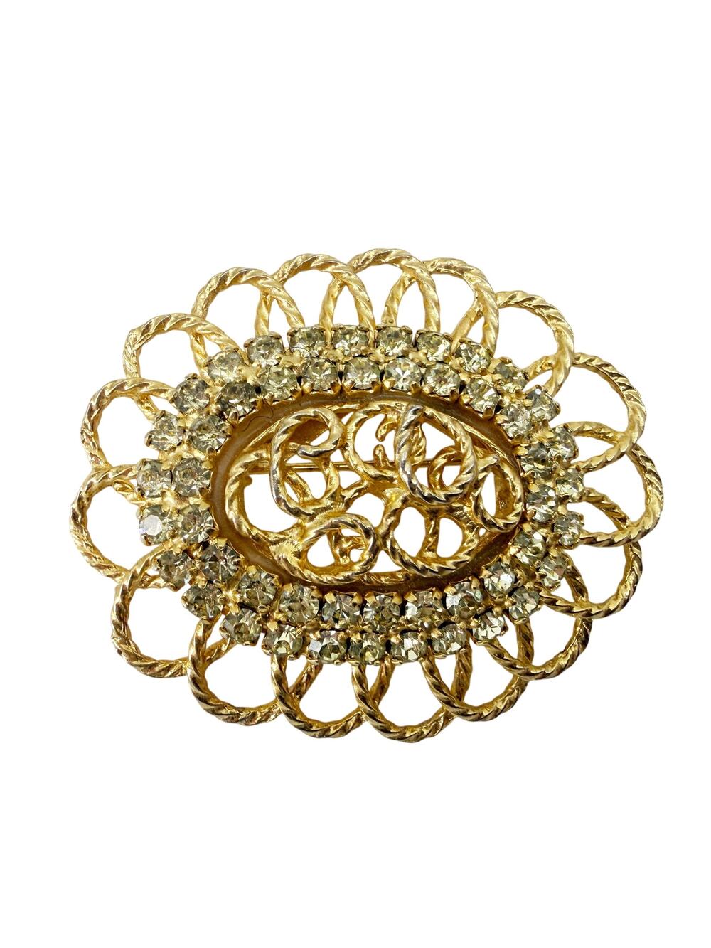vintage gold & rhinestones oval BROOCH costume jewelry pin